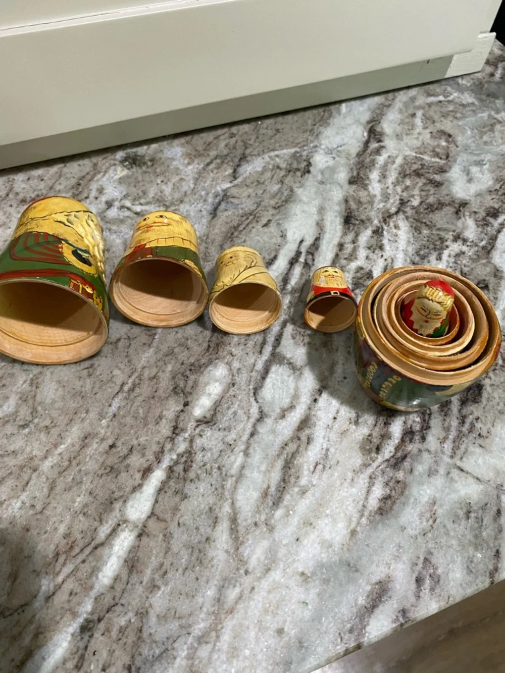 Vintage Hand-Painted Russian Santa Nesting Dolls Set - Green and Red
